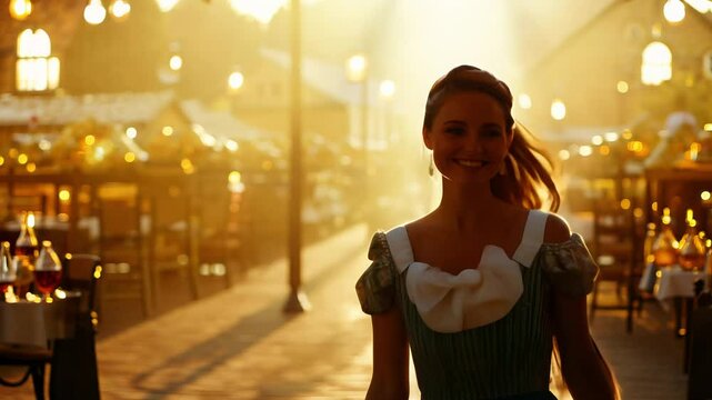 The camera slowly zooms in as a smiling 30-year-old white woman in a dirndl walks confidently, facing the camera, along a beer garden
