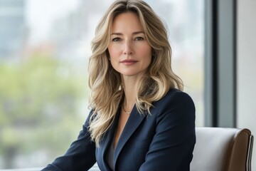 Portrait of a confident businesswoman in a professional setting, exuding success and sophistication.