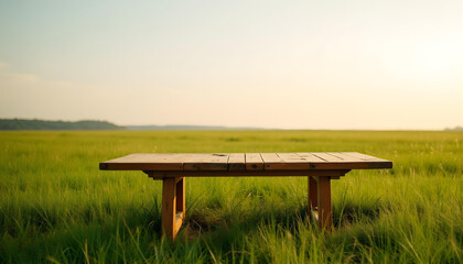 Fototapeta premium Wooden table, empty table, Green lawn, grass and sea background. hard wood table, sea, sea side, summer, outdoor, sunny day, sunlight, country side, garden, field, natural vibe, good for key up.