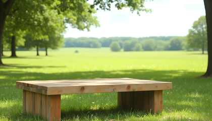 Wooden table, empty table, Green lawn, grass and sea background. hard wood table, sea, sea side, summer, outdoor, sunny day, sunlight, country side, garden, field, natural vibe, good for key up.