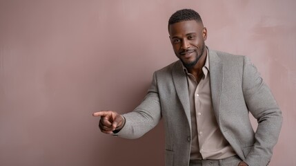 Smiling Man in Animal Print Jacket Gesturing Against Dusty Rose Background