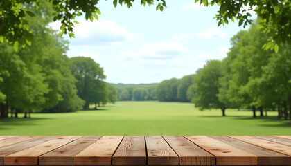 Wooden table, empty table, Green lawn, grass and sea background. hard wood table, sea, sea side, summer, outdoor, sunny day, sunlight, country side, garden, field, natural vibe, good for key up.