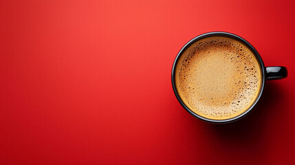 Flat Lay of a Coffee Cup on Red Background with Copy Space