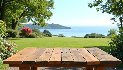 Wooden table, empty table, Green lawn, grass and sea background. hard wood table, sea, sea side, summer, outdoor, sunny day, sunlight, country side, garden, field, natural vibe, good for key up.