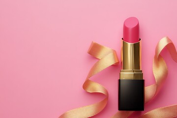 Lipstick with a golden ribbon on a pink background, in a flat lay.
