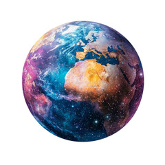 Vibrant and colorful depiction of Earth, showcasing swirling galaxies and cosmic elements, evokes sense of wonder and exploration