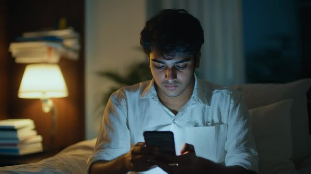 A man is sitting on a bed and looking at his cell phone. Concept of relaxation and leisure, as the man is not engaged in any other activity. The dimly lit room adds to the cozy atmosphere