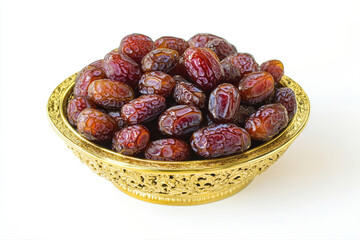 Fresh Dates Arranged in a Golden Bowl on a White Background, Highlighting the Natural Sweetness and Rich Color of the Fruits