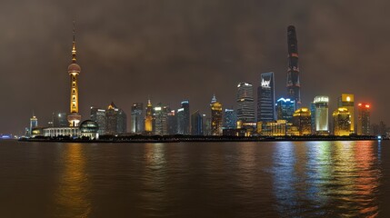 Obraz premium Urban nightscape illuminated modern city skyline reflecting on calm water surface breathtaking cityscape with glittering lights