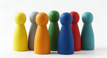 Close Up of Vibrant Game Pawns in Yellow Orange Green Blue and Red on White Background