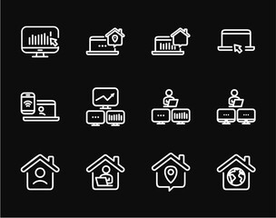 Remote Work Line Icons . Freelancer Work from Home, Video Call, Online Meeting, Teleconference Vector Set