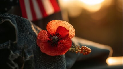 A red poppy on denim honors Memorial Day, with a flag softly behind, bathed in golden light. Remembrance and patriotism in a simple symbol.