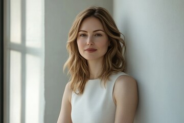 A young woman with long blonde hair, wearing a white sleeveless dress, poses against a white wall.