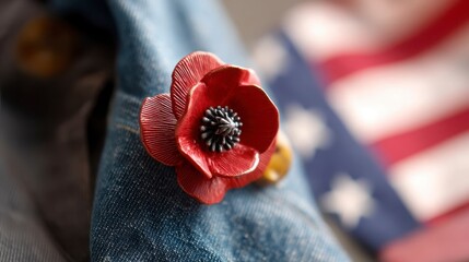 A red poppy on denim honors Memorial Day, with a flag softly behind, bathed in golden light. Remembrance and patriotism in a simple symbol.