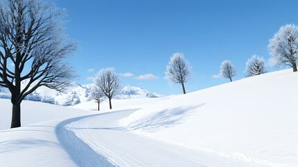 Fototapeta premium Snowy Winter Landscape With Winding Road And Trees