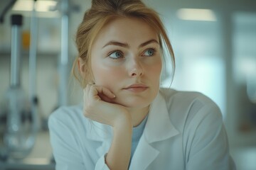 Obraz premium A thoughtful young woman in a lab coat, perhaps a scientist or researcher, contemplates a problem.