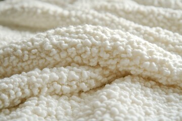 A close up of a soft, fluffy off-white material is showcased with folds, creating a calming, inviting texture