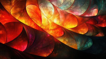 Obraz premium A kaleidoscope of vibrant abstract shapes, reminiscent of multidimensional shading and leaf patterns, flowed harmoniously within an intricate stained glass window, a masterpiece of light and 
