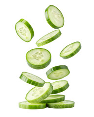 flying cucumber slices isolated on white background, PNG