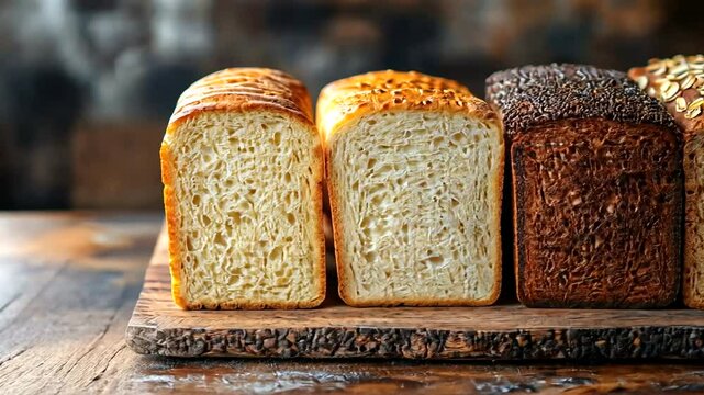 Freshly baked loaves of bread displayed on a rustic wooden board in a cozy kitchen setting