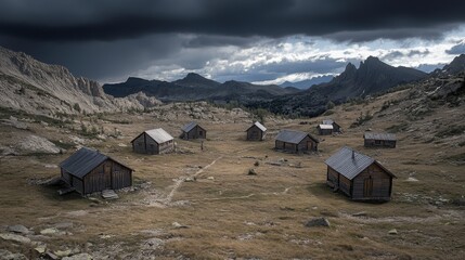 Bleak Landscape with Rustic Huts under Stormy Skies a Sense of Abandonment and Foreboding in a Harsh Rocky Setting