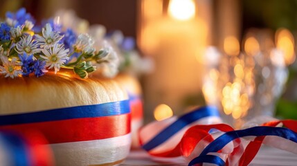 Traditional Slovenian potica cake with festive ribbons, glowing candlelight, alpine wildflowers; celebrating national pride and heritage.