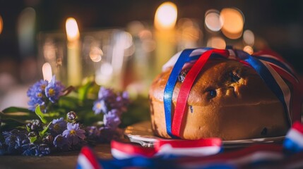 Traditional Slovenian potica cake with festive ribbons, glowing candlelight, alpine wildflowers; celebrating national pride and heritage.