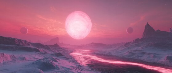 Fototapeta premium dramatic volcano erupting on an alien planet with lava rivers glowing under a sky filled with multiple moons, Generative AI