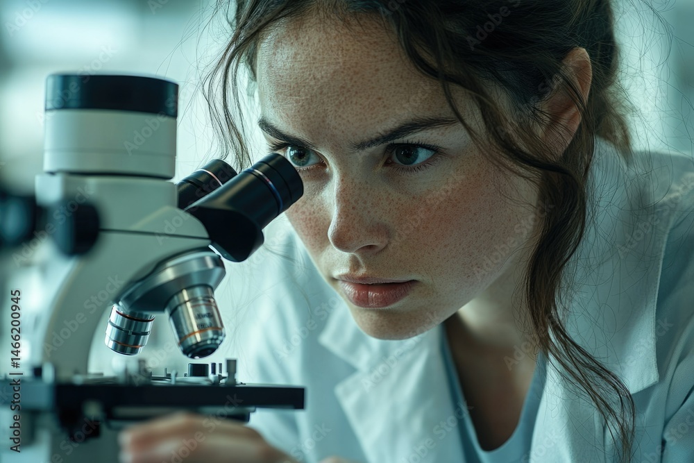 Aufkleber a focused female scientist meticulously examines a sample under a high-powered microscope in a lab s