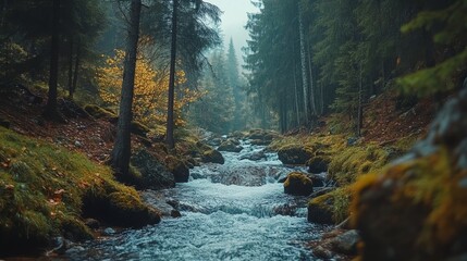 serene mountain stream flowing through a dense forest, surrounded by moss-covered rocks and tall trees, Generative AI