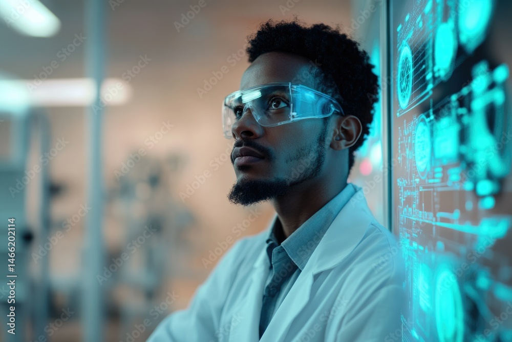 Fototapete a young scientist wearing futuristic glasses contemplates data displayed on a large screen in a mode
