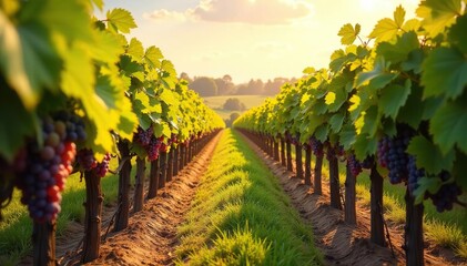 Obraz premium Sun-drenched vineyard rows, ripe grapes ready for harvest, field, growth, green