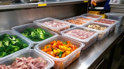 Ready to cook ingredients in containers, preparing culinary creations