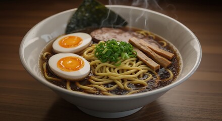 Delicious ramen noodles with eggs and green onions in a bowl  