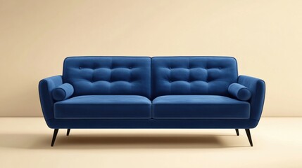 Fototapeta premium A modern fabric sofa in rich navy, featuring sturdy black legs, set against a warm ivory background with shadow