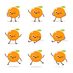 Cute Smiling Orange Character. Kawaii Orange Fruit Mascot Style Vector. Cute vector character set in various action emotions. Collection symbols isolated on a white background