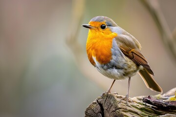 Fototapeta premium Robin perched on branch with distinctive red breast in natural setting