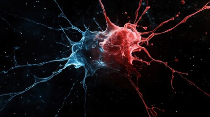Abstract image featuring colorful splashes of red and blue against a dark background, creating a dynamic, energetic visual effect.