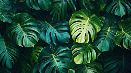 Fototapeta premium A lush, hand-drawn tropical forest unfolds, its verdant embrace dominated by the vibrant green hues of monstera leaves and palm fronds, reaching towards the sun like ethereal fingers. This captivating
