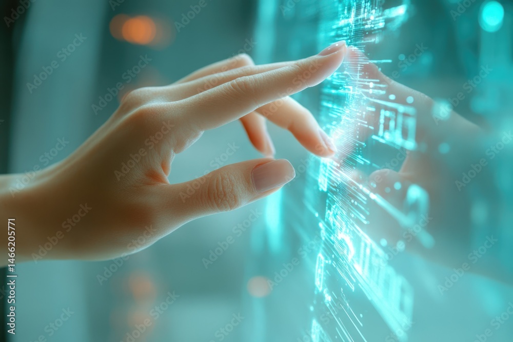 Aufkleber a hand interacts with a futuristic holographic interface, showcasing technological advancement and d