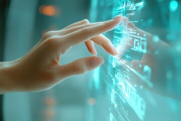A hand interacts with a futuristic holographic interface, showcasing technological advancement and digital interaction.