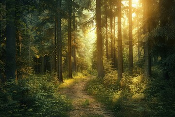 Obraz premium Sunlight filters through the dense trees of a lush forest trail illuminating the path