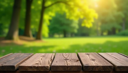 Fototapeta premium Rustic wooden bench against a blurred natural background , brown, countryside scene