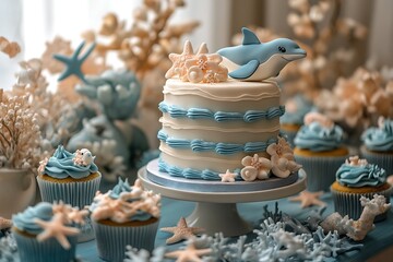Adorable dolphin cake and cupcakes decorated with seashells for a marine themed celebration