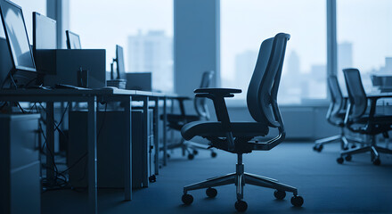Low Angle of Modern Blue Office with Computer Desks Chairs and City Buildings through Window as Office Space For Rent