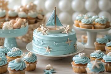 Adorable nautical themed birthday cake with cupcakes and festive decorations