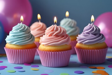Colorful cupcakes with lit candles celebrate a festive birthday or special occasion
