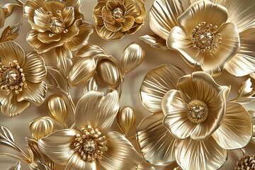 Golden Floral Arrangement: Luxurious 3D golden flowers with intricate details and petals