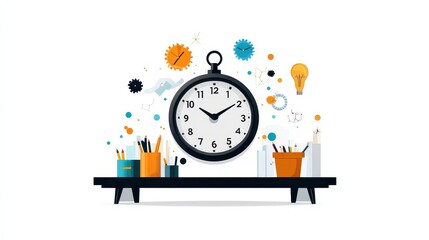 A creative illustration featuring a clock and various symbols representing time, ideas, and productivity on a desk.