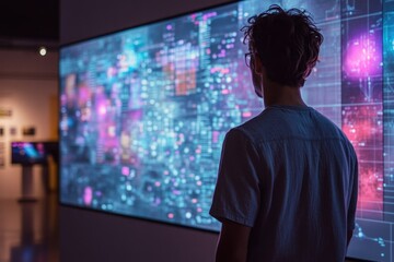 A person observes a large screen displaying complex data visualizations, suggesting data analysis or system monitoring.